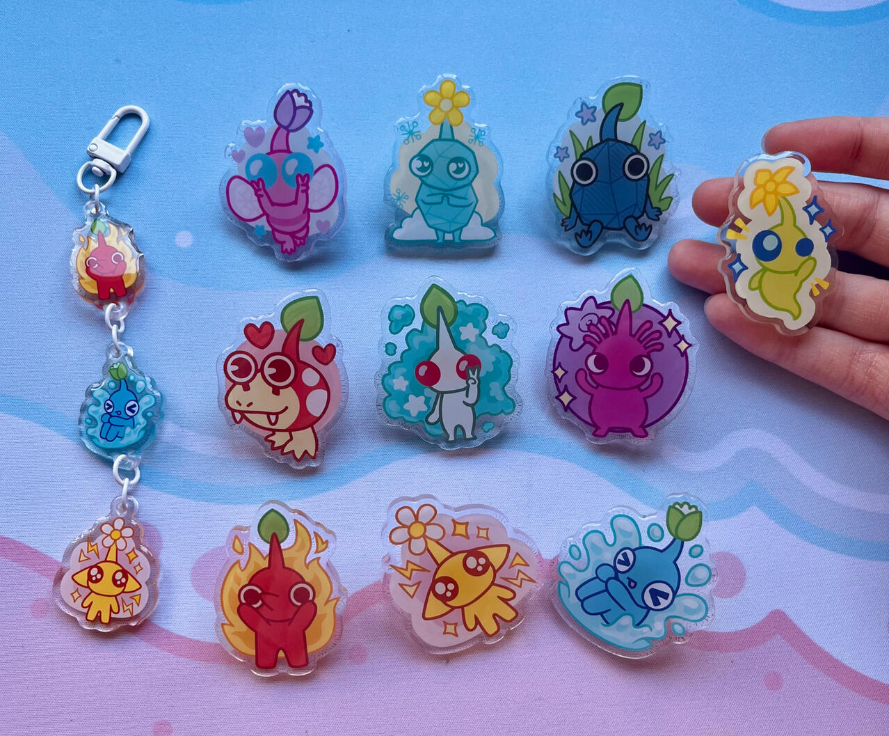 pikmin pins &amp; connection keychain (fanart acrylic pins / keychain)